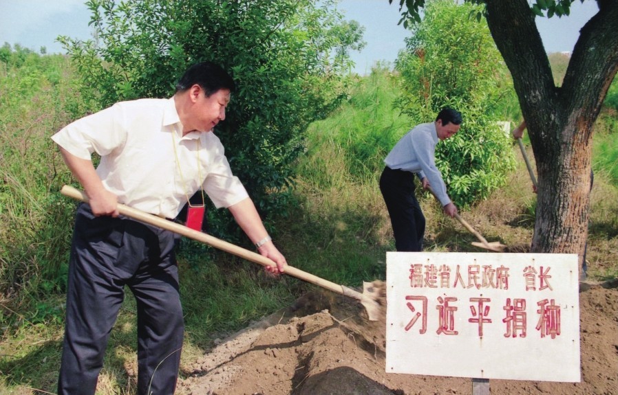 2001年10月，習近平在龍巖市長(cháng)汀縣調研水土流失治理工作，在河田世紀生態(tài)園為樹(shù)培土。圖源：《習近平在福建（下）》